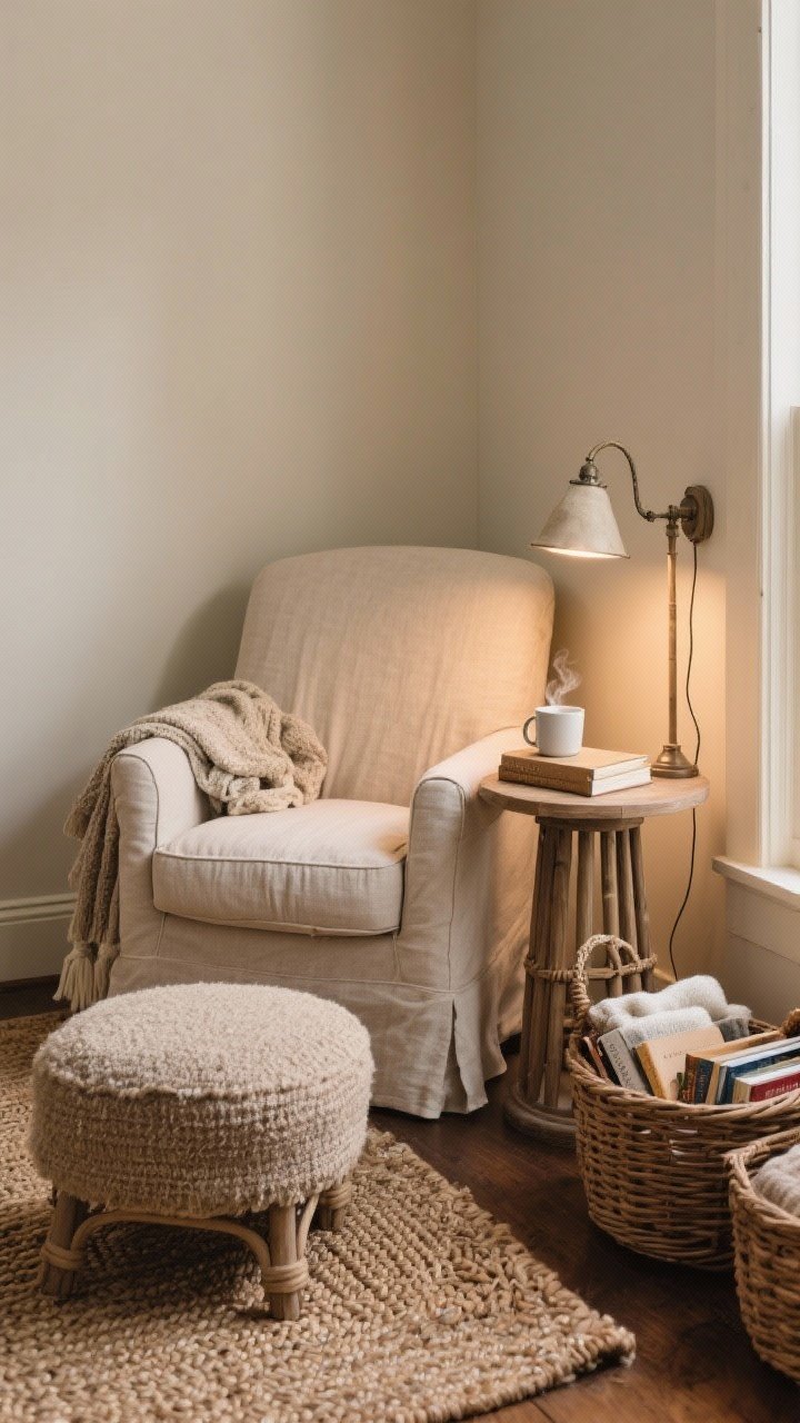 Corner-angle medium shot of a cozy reading nook: slipcovered linen chair with an ottoman, a spindle side table holding a book and a steaming mug, a swing-arm sconce providing soft focus light; layered textiles include a cushiony seat pad, a nubby throw over the ottoman, and a small braided rug underfoot; baskets for blankets and current reads tucked beside the chair; warm, intimate lighting, photorealistic.