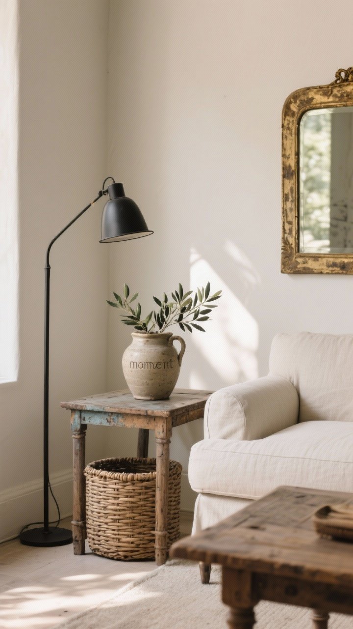 Corner angle medium shot of a living room vignette mixing old and new: a clean-lined new light linen sofa and modern blackened metal floor lamp anchor the scene, paired with a patinated vintage wood side table holding an antique stoneware crock with olive branches, a weathered gilt vintage mirror above reflecting soft light, and a woven basket under the table; calm, curated feel with one vintage “moment” as the focal point; warm, diffused late-afternoon lighting.