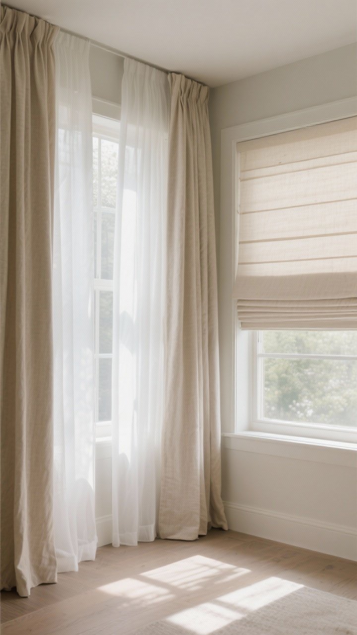 Corner angle medium shot: Soft window treatments layered—sheer white panels for daytime glow paired with lined linen curtains in oatmeal for privacy, mounted high and wide to elongate the window; a roman shade in a subtle soft stripe partially lowered; gentle natural light filtering in, casting diffused shadows across the floor.