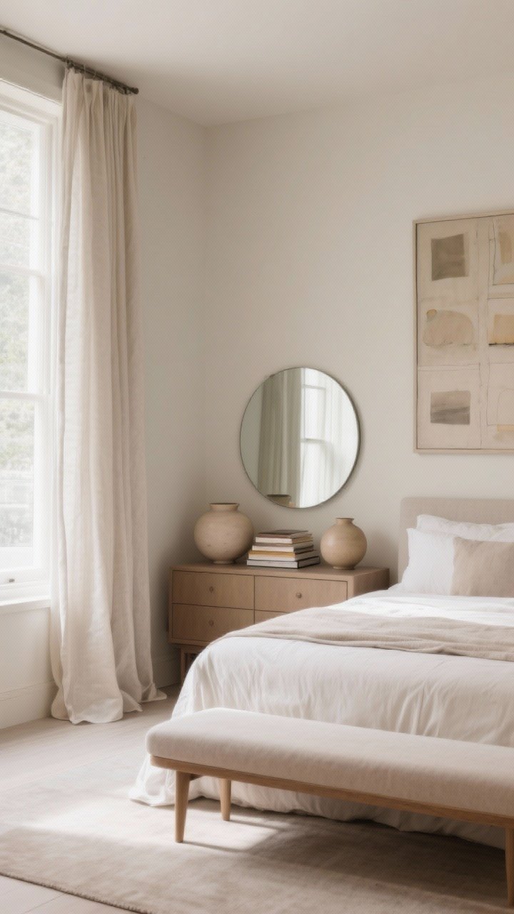 Corner angle medium shot with low and soft decor: a soft-edge bench at the foot of the bed, rounded ceramic vases on a low dresser, stacked books, unlined linen curtains lightly pooling, and a simple rounded mirror; one large art piece above the bed instead of multiple frames; soft diffused daylight, photorealistic.