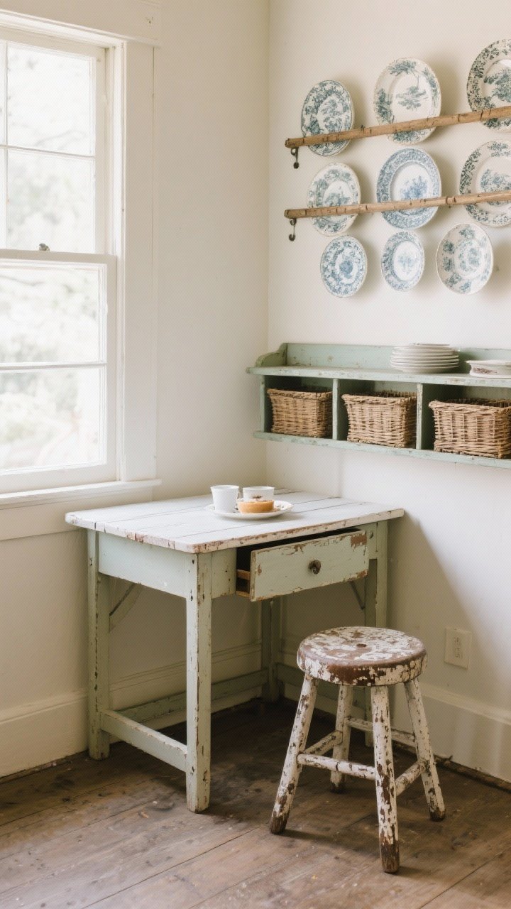 Corner medium shot featuring petite vintage furniture: a narrow farmhouse drop-leaf table creating a flexible breakfast spot, a weathered stool with visible wear, and a wall-mounted plate rack showing heirloom dishes; skinny console along the wall used as extra prep space with baskets underneath; patina and small-scale proportions suit a tight room; soft morning light, photorealistic