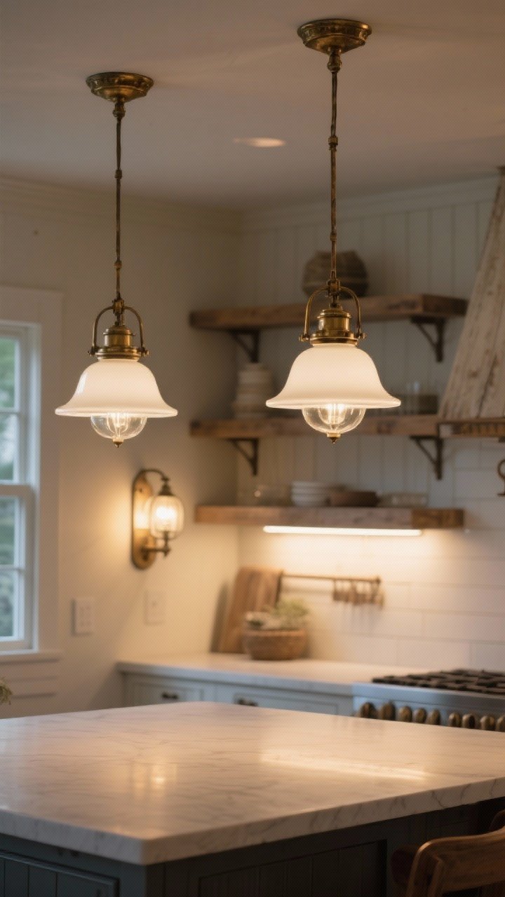 Corner medium shot focusing on vintage lighting: a pair of milk-glass schoolhouse pendants over an island, barn-light style sconce above open shelves, subtle under-cabinet lighting casting a soft evening glow; finishes in aged brass; the mood is warm and layered, emphasizing how light shapes the farmhouse atmosphere.