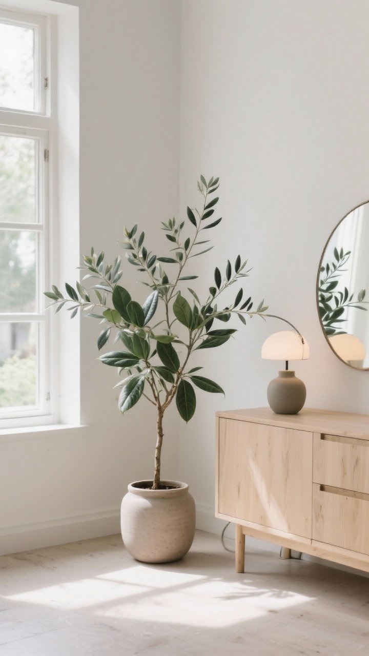 Corner medium shot: Nature-forward Scandi vignette—ZZ plant in a simple ceramic planter on the floor, a small olive tree by the window, eucalyptus stems arranged sculpturally in a matte ceramic vase on a light wood dresser; round mirror and curved lamp softening clean lines; neutral palette, abundant natural light, photorealistic.
