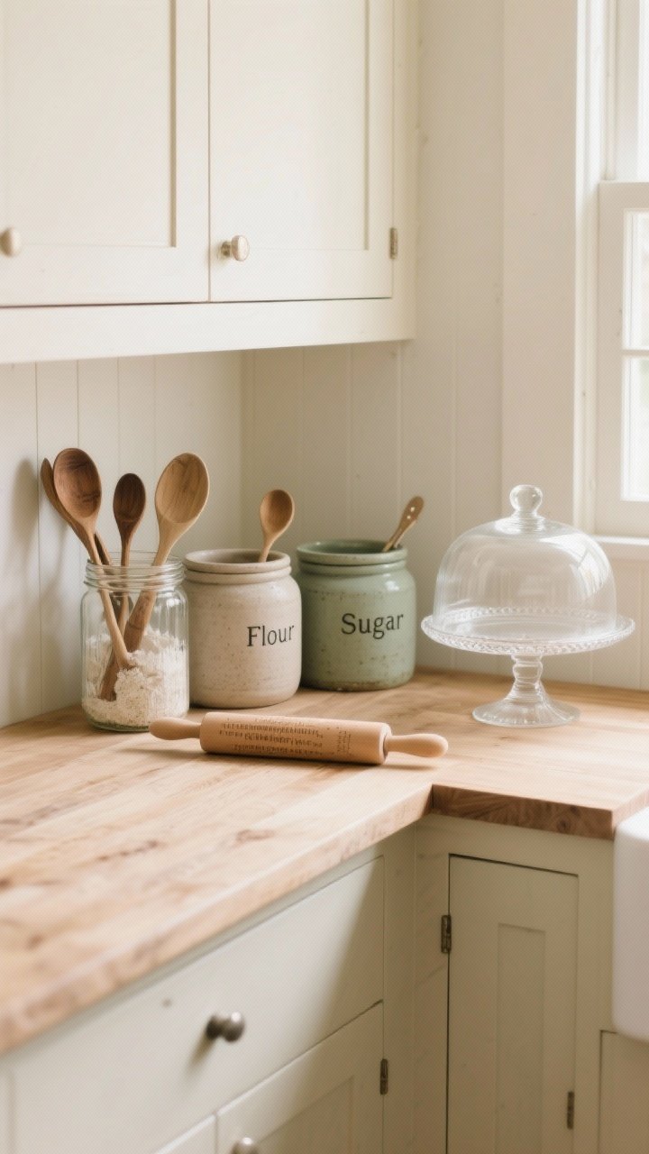 Corner medium shot of a cozy baking nook: jar of wooden spoons and vintage rolling pins, stoneware crocks labeled flour and sugar with scoopers, a glass-cloched cake stand (empty but elegant); two to three styled moments max on a butcher-block counter; neutral cream and oat tones with hints of sage; soft natural side light, uncluttered, photorealistic.