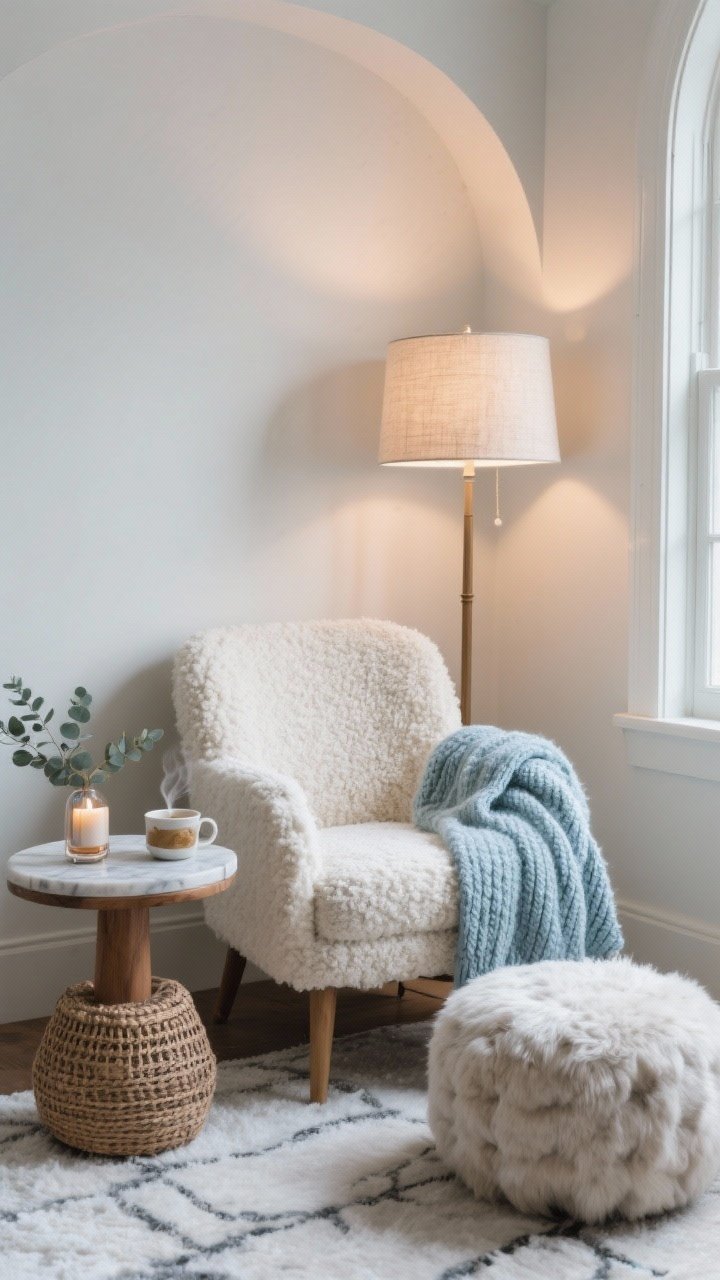 Corner medium shot of a cozy reading nook: a boucle or sherpa accent chair in cream set at an angle, a frosted blue knit throw draped casually over the arm, a petite wood or marble side table holding a steaming tea mug and candle, an arched floor lamp with a linen shade casting warm, diffused light; a woven pouf or faux-fur ottoman as footrest; a small diffuser on the table emitting eucalyptus or vanilla vibes; tranquil winter-retreat mood.