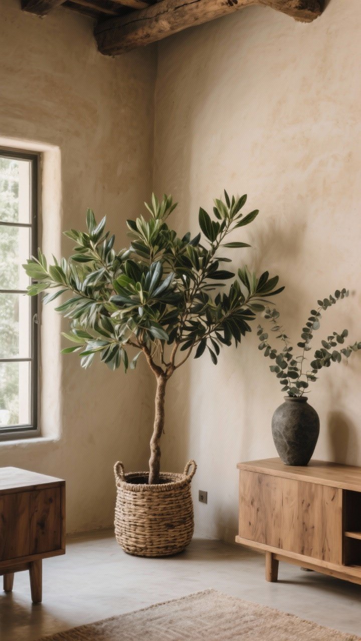 Corner medium shot of a rustic room anchored by greenery: a single oversized olive tree in a woven basket near a window, a ZZ plant in a dark corner, and a tall stone vase with eucalyptus on a console; warm neutral walls, natural wood furniture, gentle daylight; calm, low-maintenance vibe with simple, sculptural plant forms.