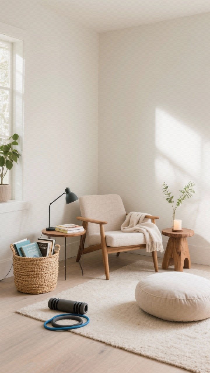 Corner medium shot: Wellness nook you’ll actually use. A reading chair with a small side table and task lamp; a basket with current reads; adjacent meditation spot with a floor cushion, low wood stool, a soft throw, and a small plant or candle for focus. Nearby, a seagrass basket holds a rolled mat, foam roller, and resistance bands. Minimal, calm, inviting, soft morning light.