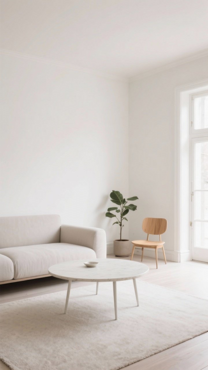 Corner perspective: An airy Scandi room arranged to showcase negative space—clear 30–36 inch pathways around a slim sofa and round table, one intentionally minimal corner with a simple natural-wood chair and a single plant; warm white walls, restrained decor, soft ambient daylight creating a calm, breathing-room feeling.