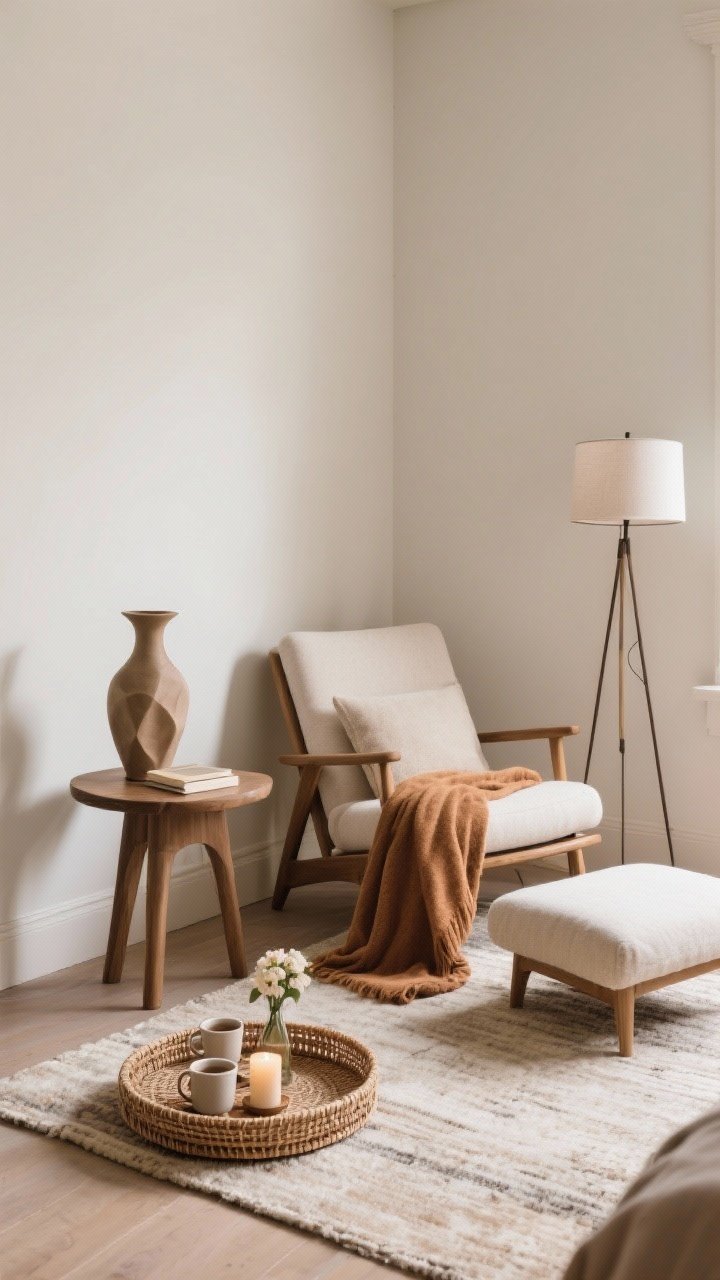 Corner vignette medium shot: a cozy reading nook with a lounge chair, footstool, floor lamp, and a small side table; layered with a small rug and a warm throw; a single statement object (sculptural vase) on the table; nearby, a rattan tray styled for tea/coffee with mugs, a candle, and a small bloom; functional, lived-in comfort.