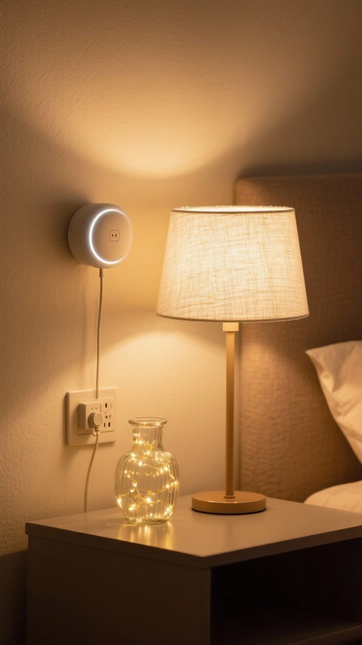 Cozy evening corner medium shot emphasizing layered soft lighting: a plug-in sconce with a rechargeable puck light inside mounted above a bedside table, warm 2200K–2700K glow. On the table, a linen-wrapped lampshade (inside white for bright diffusion) atop a small lamp, plus a glass vase filled with subtle twinkle lights. Add a dimmer plug visible at the outlet. The overall scene has gentle golden-hour ambience with no harsh overhead light; shot from a slight corner angle.