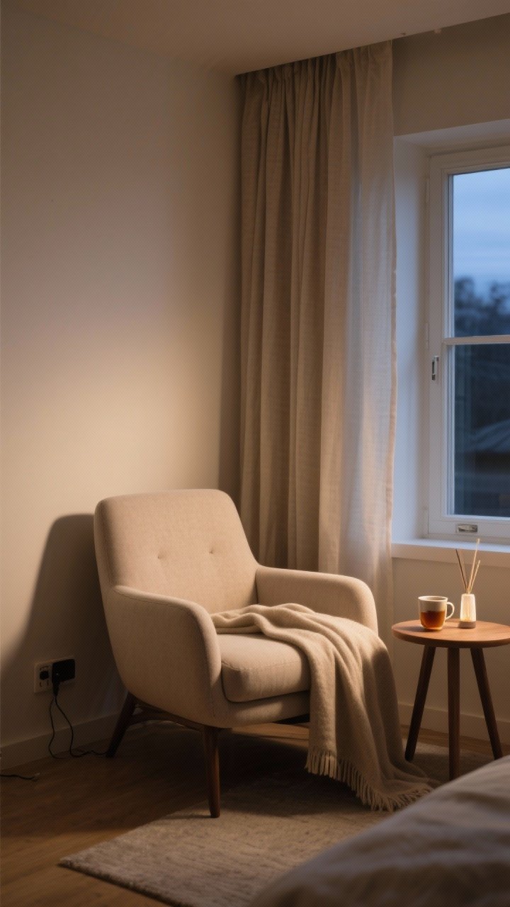 Cozy nook medium shot for a wind-down ritual zone: a simple upholstered chair by the window with a soft throw, tiny side table holding a mug of tea and a subtle diffuser, unlined linen curtains; no visible tech or chargers; calm evening ambiance with warm low lighting and tranquil mood, photorealistic.