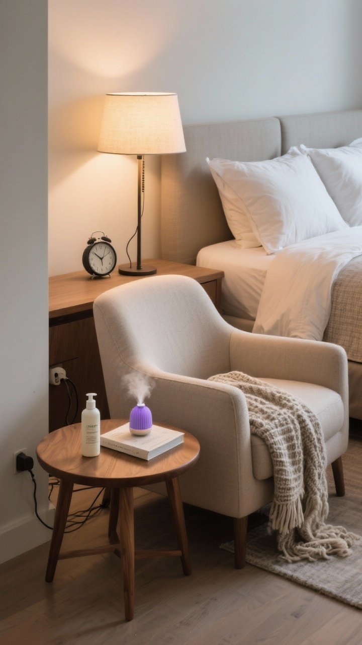 Cozy reading nook closeup: A dedicated wind-down corner featuring a comfy upholstered chair with a textured throw, a small wood side table holding a linen spray, a book, hand cream, and a diffuser releasing a subtle lavender/cedarwood mist. Nearby, a bedside scene shows an analog alarm clock and hidden cords. Bedding in the background looks breathable and inviting; hint at the Scandinavian trick with two twin duvets on a king bed, neatly separated. Warm, dimmable task lamp glow, photorealistic.