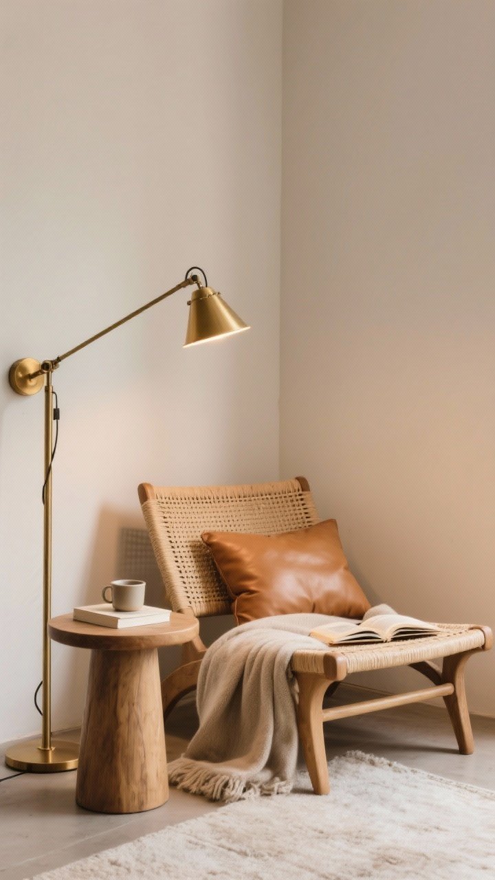 Cozy reading nook medium shot: rattan lounger with a camel leather lumbar pillow, a soft throw blanket, a tiny round side table holding a book and mug, and a warm brass swing-arm sconce or floor lamp casting an inviting glow; intimate, relaxed atmosphere.