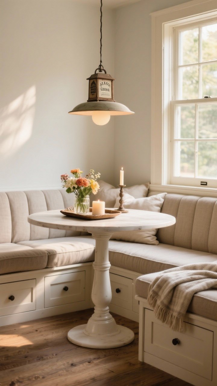 Cozy wide shot of a breakfast nook: built-in banquette with storage drawers, upholstered in wipeable neutral fabric with comfy cushions and a throw; a round pedestal table centered beneath a small schoolhouse pendant; tabletop styled with a vintage tray, a candle, and fresh flowers; warm, inviting morning light streaming through a nearby window, straight-on composition that makes the nook the focal point.