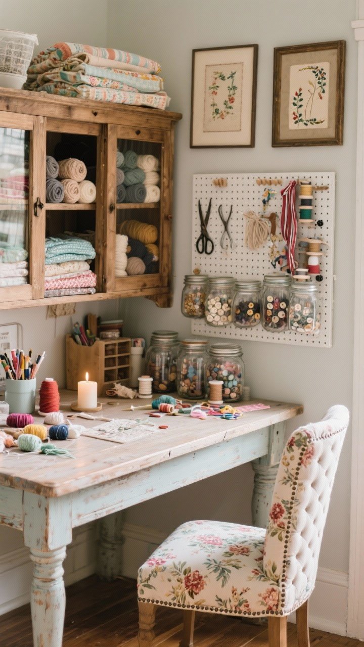 Craft room corner, medium shot: refinished farmhouse table as work surface with scattered threads and a candle; vintage pine hutch behind storing yarns, folded fabrics, and supplies; glass jars brimming with buttons; pegboard with shears and ribbon spools; framed embroidery samplers on the wall; tufted chair upholstered with a thrifted floral sheet; cozy, creative, softly lit workspace.