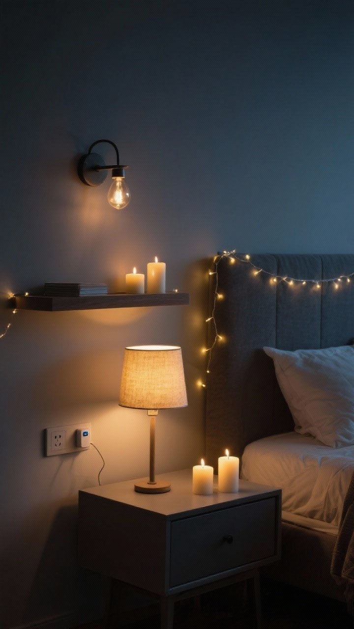 Detail/atmospheric shot: Moody, low lighting at dusk in a bedroom vignette—bedside lamp with a warm 2700K bulb casting a golden glow, delicate fairy lights tucked along a shelf and headboard canopy, a wall sconce above a small nightstand, and a trio of LED candles giving a gentle flicker; smart plug device subtly visible near the outlet.
