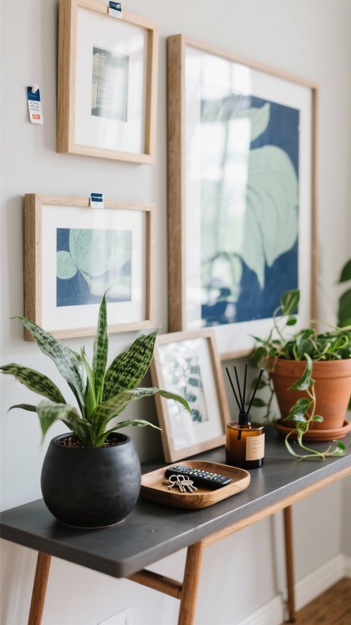 Detail closeup: A console top styled with layered art leaning against the wall (mixed frames, one oversized statement print), a small gallery cluster hinted above with Command strips visible on one frame’s tab, and a catchall tray holding keys and a remote. Include a low-maintenance plant (ZZ plant) in a matte black ceramic planter, a terracotta planter with pothos, and a cedar-scent candle and diffuser for signature scent. Palette accents in navy and sage. Soft natural side light highlighting textures.