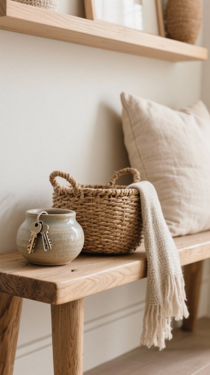 Detail closeup: A curated texture vignette on a slim console and small bench—handmade ceramic catchall with keys, a woven basket for scarves, a light oak floating shelf edge visible above, and a linen pillow perched on a petite bench. The shot focuses on texture contrast: nubby woven fibers, smooth ceramic glaze, natural wood grain, and soft textiles. Palette is warm and neutral, with 3–4 textures repeated for balance; shallow depth of field emphasizes tactile warmth.