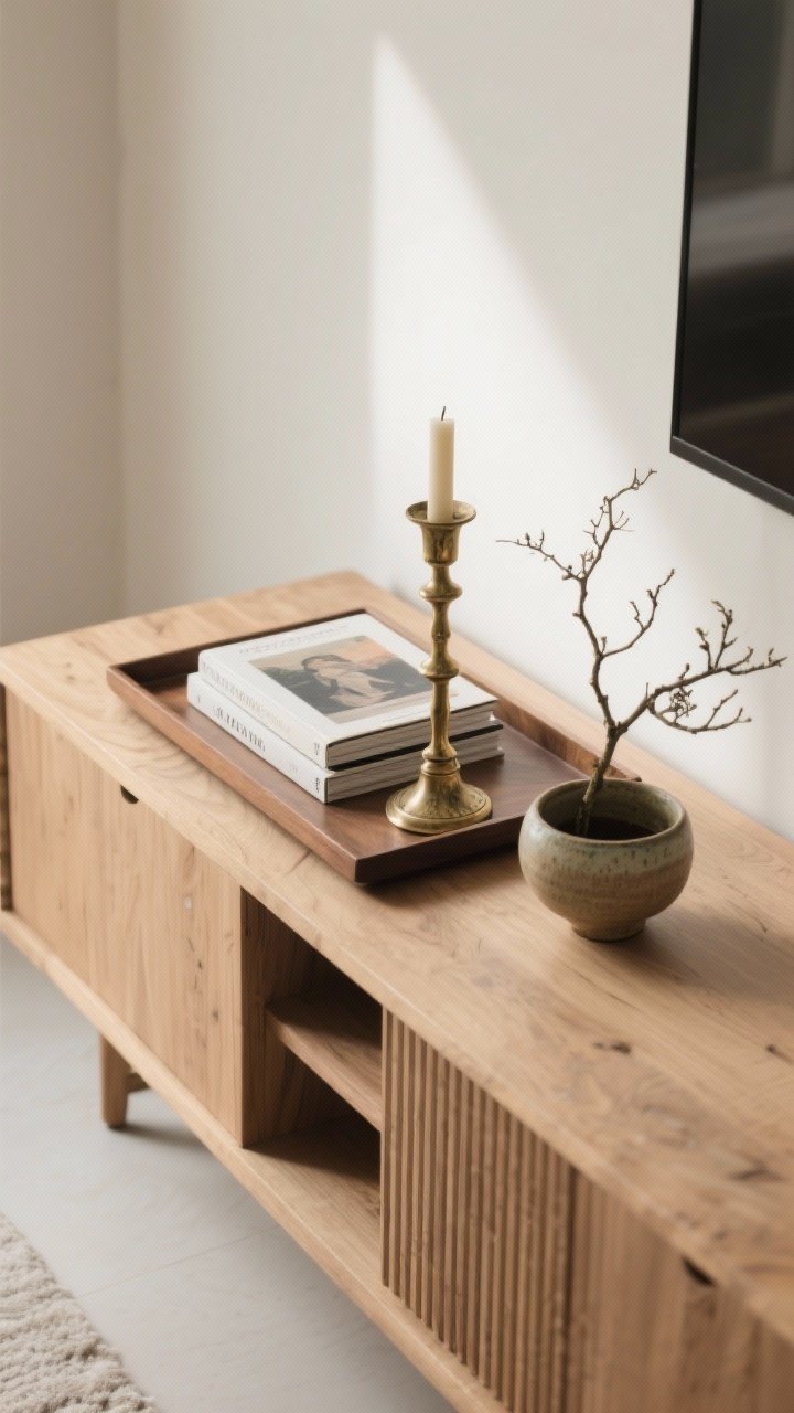 Detail closeup: A curated vignette on a light oak console, composed of a low tray anchoring two stacked art books, a single vintage brass candlestick with a delicate patina, and a small ikebana-style branch arrangement in a ceramic bowl. Surfaces around are 70% clear; soft natural side light emphasizes material textures without clutter. Overhead camera angle to showcase composition, photorealistic.