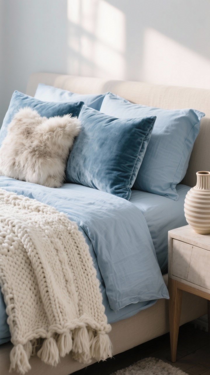 Detail closeup: A layered bed corner showcasing tactile textures—cream chunky knit throw draped over crisp glacier blue linen duvet; a mix of velvet and bouclé pillows in glacier blue and soft neutrals; a small shearling/faux fur accent pillow; ribbed ceramic vase on the nightstand; soft warm natural light grazing the fabrics to emphasize texture; cozy winter retreat mood, no people.