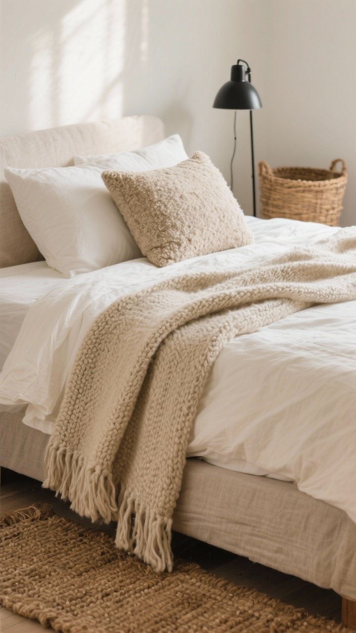 Detail closeup: A layered texture vignette on the bed corner—washed linen duvet in warm white, a chunky wool throw in oatmeal casually draped, and two pillow styles (smooth percale and a nubby bouclé lumbar). Edge of a jute/wool rug peeks beneath the bed. In the background blur, a sleek matte black metal lamp contrasts with a woven basket. Soft, diffused morning light rakes across the fabrics to emphasize weave and texture. Slight angled perspective, photorealistic.