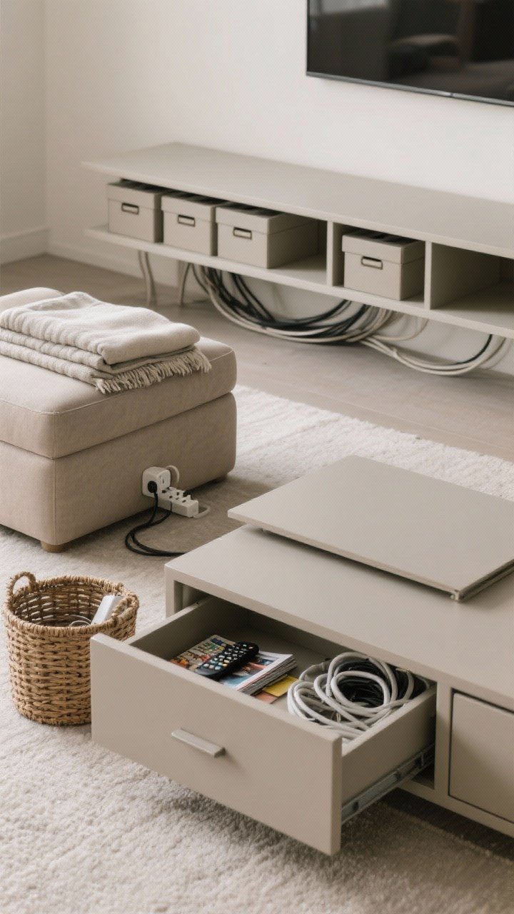 Detail/closeup: A minimalist storage scene showing hidden organization—an upholstered ottoman with its lid slightly lifted revealing neatly folded throws; a closed-base coffee table drawer cracked open to show remotes, magazines, and cables corralled. Nearby shelves styled to look built-in with matching matte greige boxes creating a seamless line; cords routed through a cable raceway and gathered in a woven power strip basket under a console. Smooth, handle-free doors with push latches, clean modern fronts, soft ambient light.