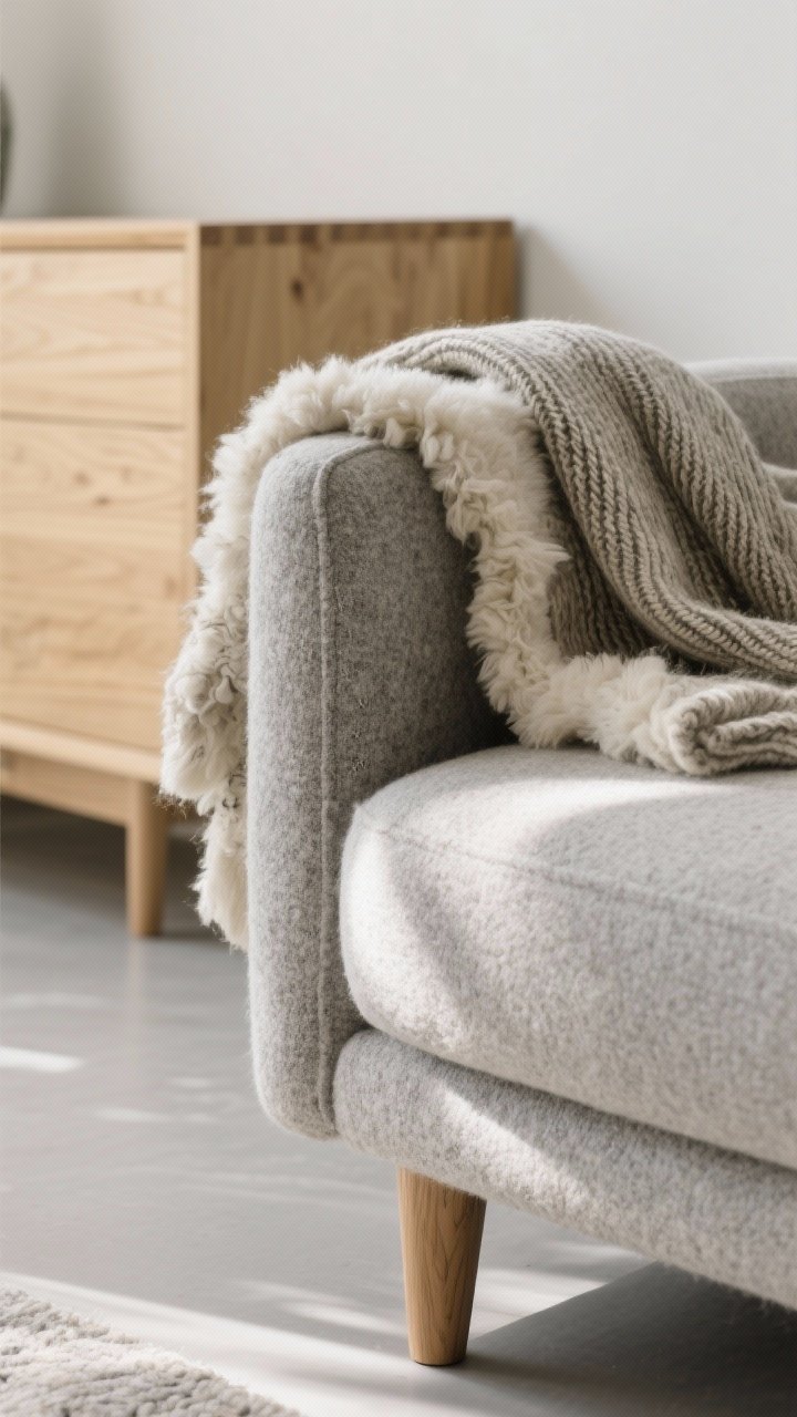 Detail closeup — A nature-first neutral vignette focusing on tactile materials: the corner of a wool-blend sofa in pebble gray with visible light oak feet, next to a blonde wood sideboard; layered sheepskin draped over the arm and a ribbed wool throw adding texture; breathable, cozy fibers captured with raking natural light to reveal weave and grain; minimal, Zen-like palette, photorealistic macro texture emphasis.