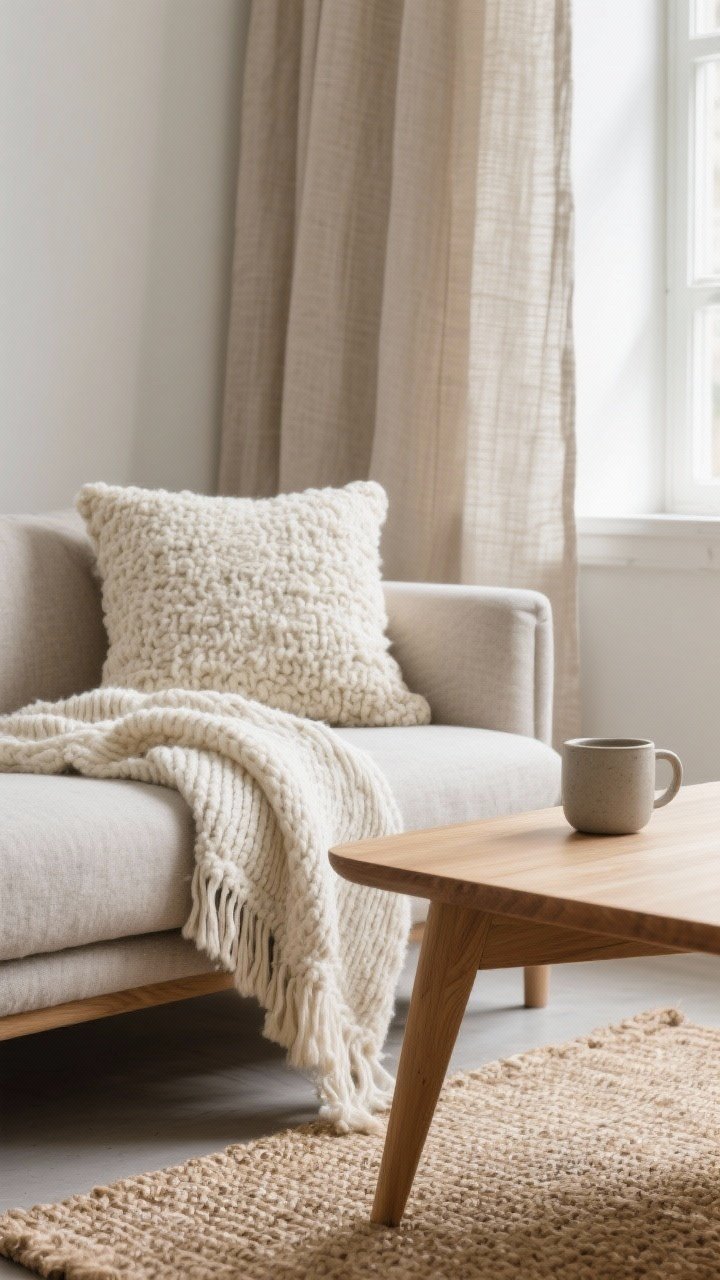 Detail closeup: A tactile arrangement of layered Scandi textures—nubby wool pillow, chunky knit cream throw, flax linen curtain edge, matte stoneware mug, and a jute rug beneath a sleek blonde oak coffee table corner; soft diffused window light raking across surfaces to emphasize the contrast of smooth and rough materials.