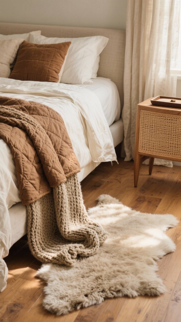 Detail/closeup: A tactile vignette of layered textures on a bed corner and floor—washed linen or percale sheets in cream, a cocoa-toned quilt, and a chunky knit throw draped casually; beside the bed, a plush wool or faux-sheepskin rug on warm wood flooring, with linen or cotton curtains softly filtering light. Colors: cream, camel, taupe, cocoa, with a single accent texture like cane or velvet visible on a bedside tray or chair arm. Soft natural late-afternoon light highlights fabric weave, photorealistic.