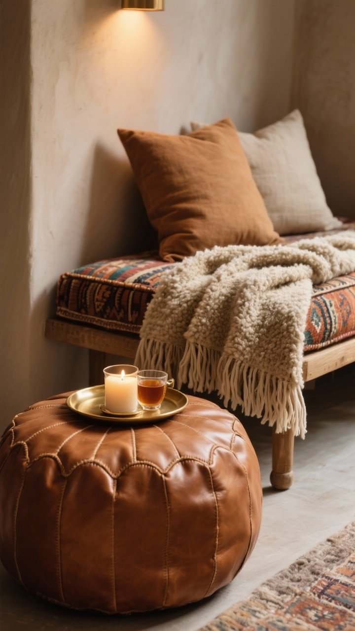 Detail closeup: A tactile vignette of materials—smooth cognac leather pouf next to a nubby wool/Bouclé throw draped over a kilim bench cushion, with fringed pillows behind; a small brass tray perched on a firm pouf holding a candle and tea glass, warm indoor lighting that grazes textures, shallow depth of field for texture emphasis, side angle.