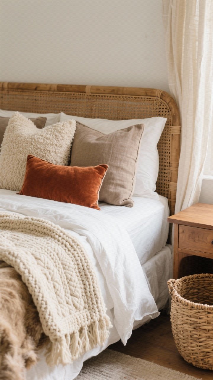 Detail closeup: A texture-rich bedscape captured from a side angle, focusing on layered materials—crisp white cotton sheets under a flax linen duvet, with a folded hand-quilted throw in mushroom and oat at the foot. On top, a chunky knit throw in cream drapes over the corner, contrasted by a brushed cotton/faux fur throw in soft taupe. Pillow mix: two large linen euros, two standard boucle pillows, and one rust velvet lumbar. A warm wood nightstand, a woven basket, and the edge of a cane headboard add wood-and-woven touches. Soft natural light grazes the fabrics to emphasize nubby vs. sleek textures.