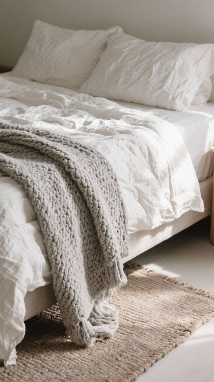 Detail closeup: A tonal layering of textures on a bed—crinkled off-white linen duvet, chunky knit wool throw in a soft grey draped at the foot, and a natural flatweave wool rug in pale taupe under the bedside; soft natural morning light grazing the fabrics to highlight nubby knits and linen slubs; quiet, cozy, not busy, photorealistic.