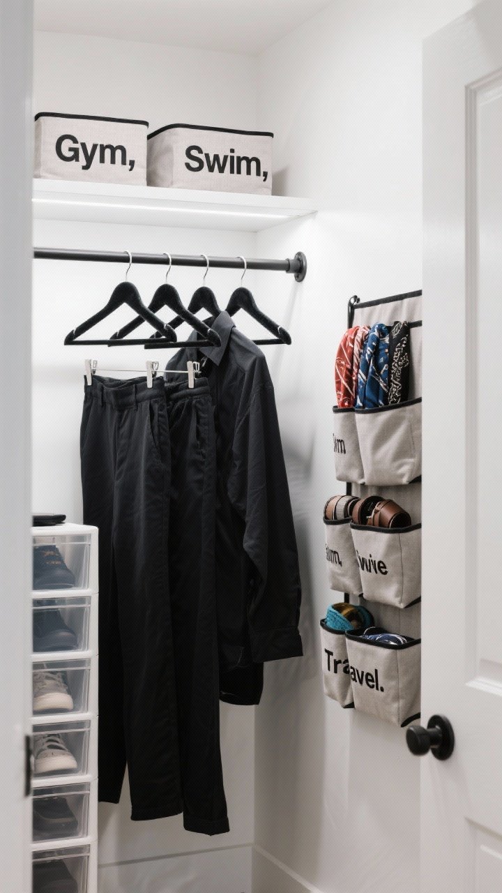 Detail closeup — An organized small closet interior: double-hang rods with shirts above and pants below on slim velvet hangers, stackable clear shoe drawers rising vertically along one side, and an over-the-door organizer holding scarves and belts. Labeled fabric bins on the top shelf reading “Gym,” “Swim,” “Travel.” Cool white closet lighting, crisp white walls, matte black rod brackets, minimal color for a tidy, efficient feel. Shot from just inside the closet looking in.