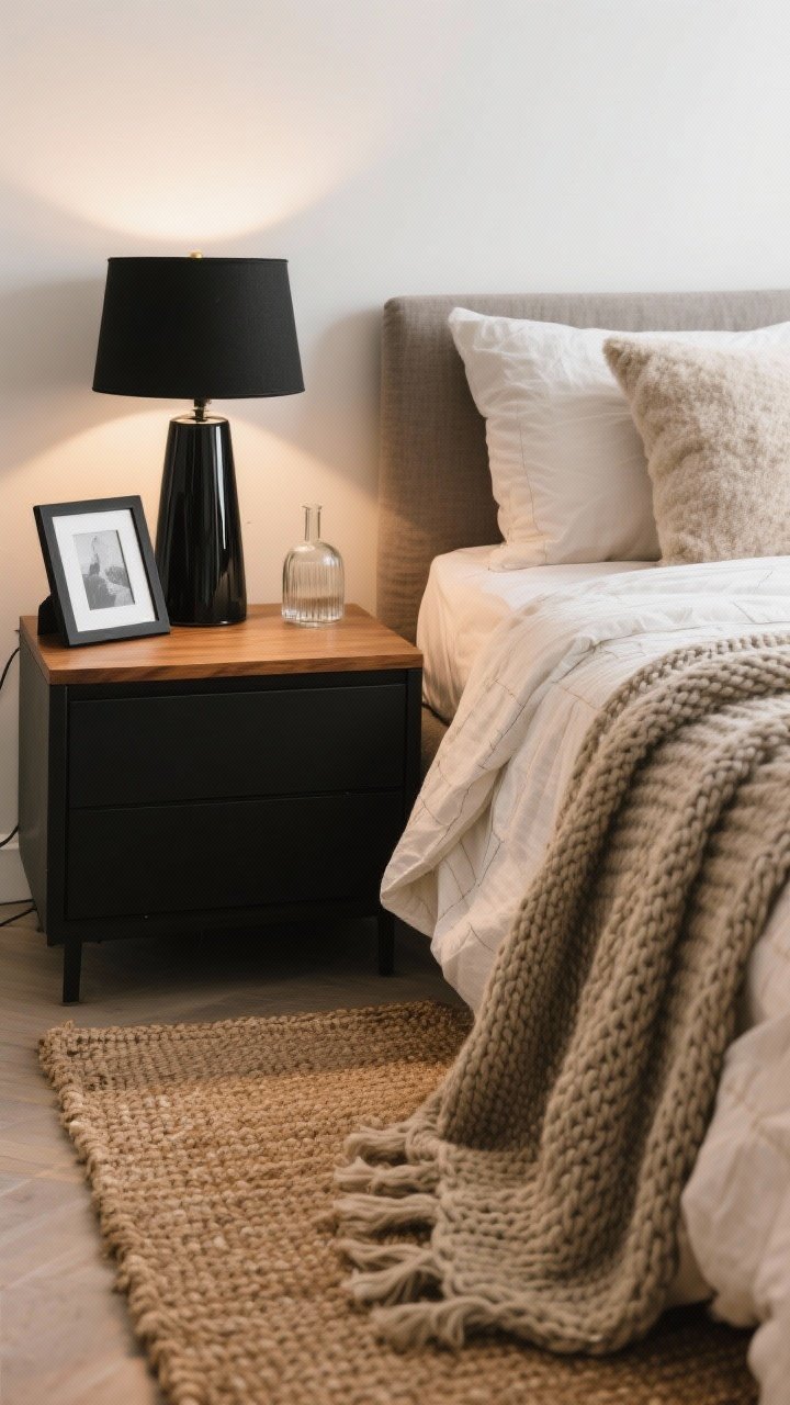 Detail closeup, angled from the bed corner, focusing on layered textures to prevent flatness: a natural linen duvet with weave visible, a chunky knit throw draped across, a matte black table lamp beside glossy black photo frames, and the edge of a woven jute rug meeting a smooth black nightstand. Include additional textures subtly in frame: warm wood nightstand top, soft wool pillow, a small glass vase. Soft, warm ambient light emphasizing material contrast, shallow depth of field.