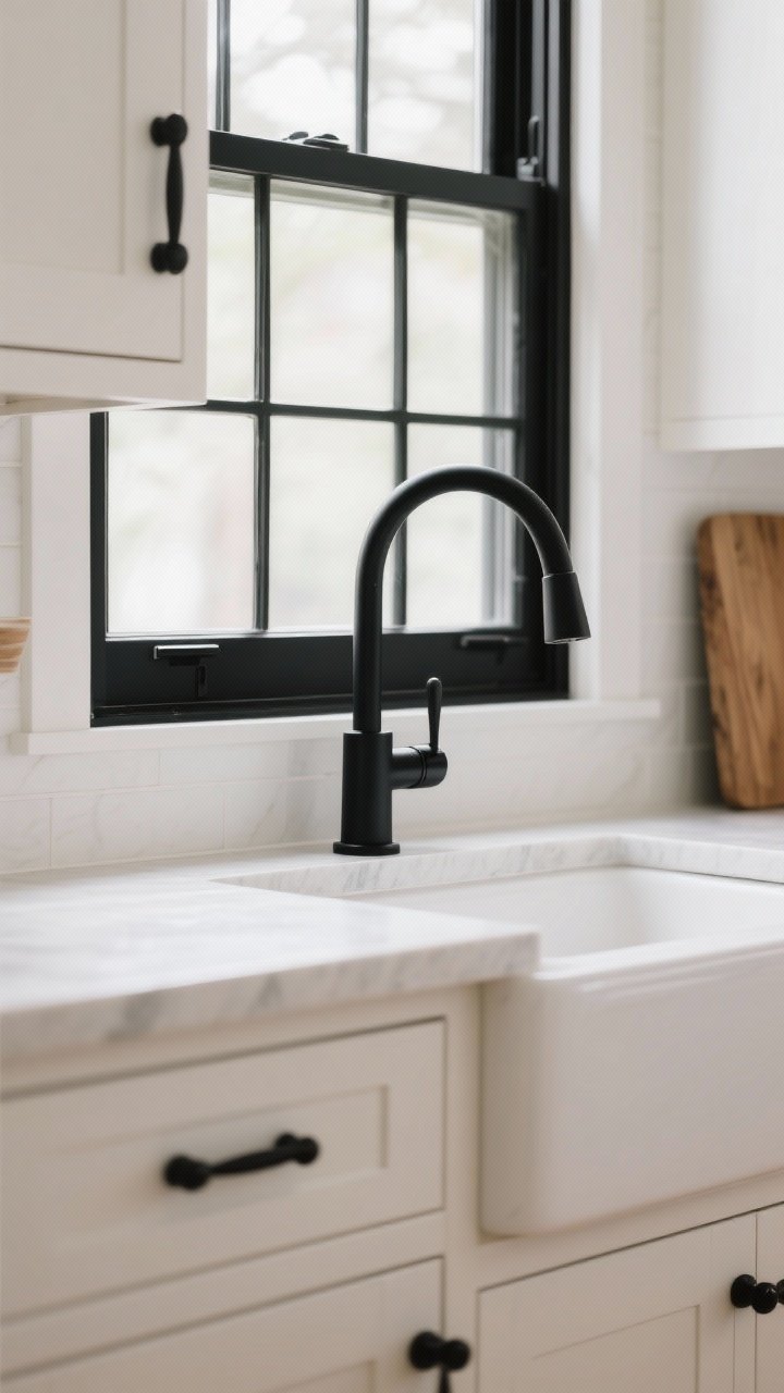 Detail closeup: Black accents in a modern farmhouse kitchen—matte black cabinet pulls, a matte black high-arc faucet, and a black metal window frame—contrasted against white cabinetry and warm wood tones. Soft natural light reflects gently on the black finishes, showing a crisp but balanced contrast. No people, photorealistic.