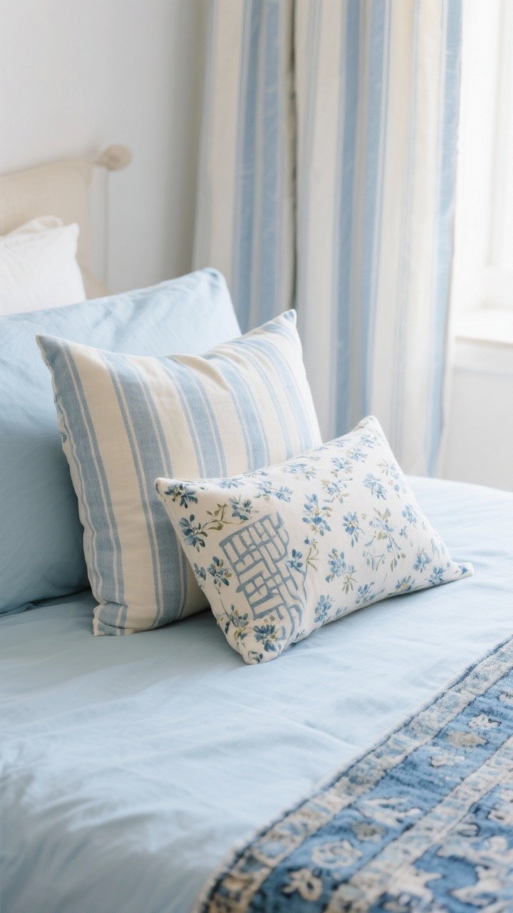 Detail/closeup: Calm patterns ensemble—low-contrast pinstripe pillow in soft blue and cream, a small-scale ditsy floral cushion, and a subtle block-printed lumbar arranged on a bed with powder blue sheets. In the background, curtains with a delicate blue stripe and the edge of a faded blue Turkish-style rug. Soft, diffuse daylight to keep patterns whisper-quiet.