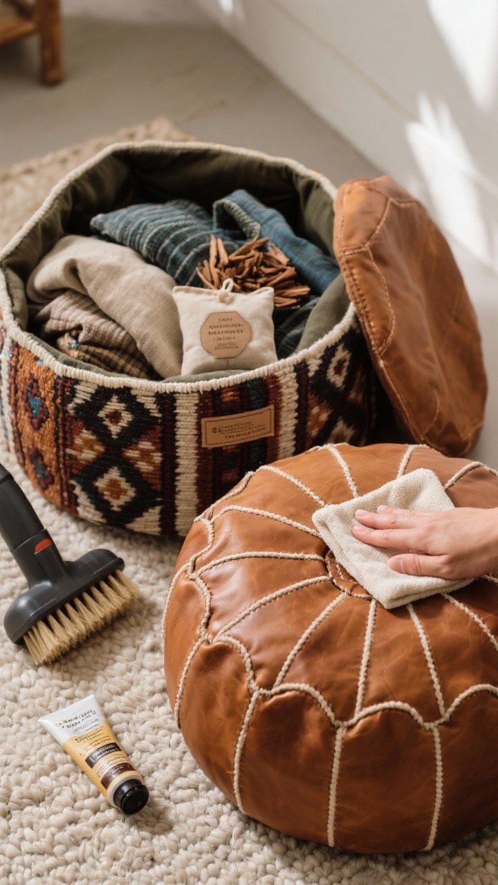 Detail closeup: Care and stuffing vignette—cognac leather pouf being wiped with a soft damp cloth, visible conditioning balm nearby; a kilim pouf with brush attachment vacuum for spot-cleaning; open pouf showing eco-friendly stuffing with folded recycled textiles, a small sachet of cedar chips tucked inside; indirect daylight, labels hinting artisan-made and fair trade, tight composition emphasizing maintenance and sustainability.