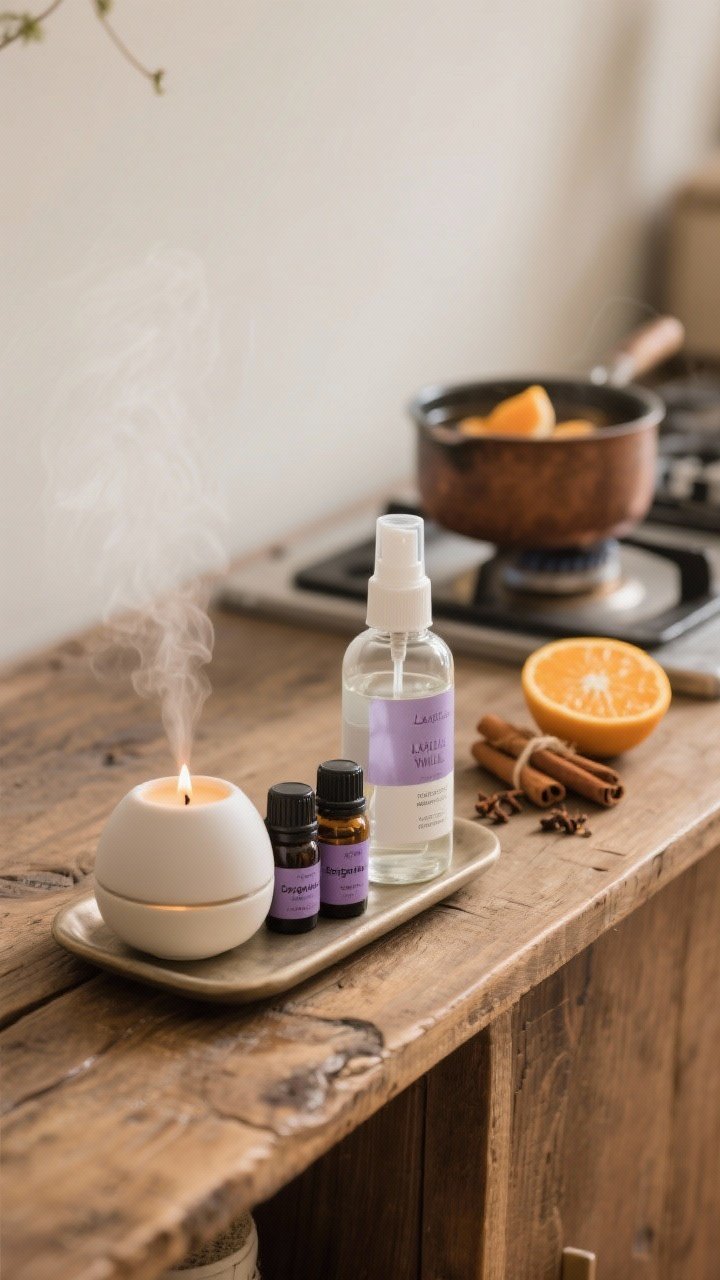 Detail closeup: Chic aromatherapy vignette on a rustic wood console—minimal ceramic diffuser emitting a faint mist, essential oils labeled lavender, cedarwood, bergamot nearby; a glass bottle of linen spray (lavender + vanilla) on a tray. In the background, a small stovetop pot with orange peels, cinnamon sticks, and cloves hints at a weekend simmer. Warm, natural tones, clean candle with cotton wick visible.