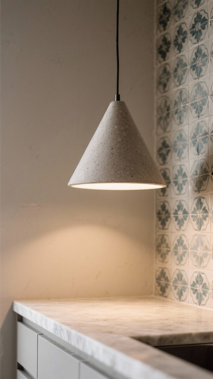 Detail closeup: cone pendant in soft cement/stone finish with a matte, tactile texture, focusing the downlight on a prep zone of smooth quartz next to zellige tile backsplash. The clean cone silhouette adds a subtle designer edge. The shot highlights texture contrast and crisp shadow line from the focused beam. Side angle, warm 2700–3000K downlight.