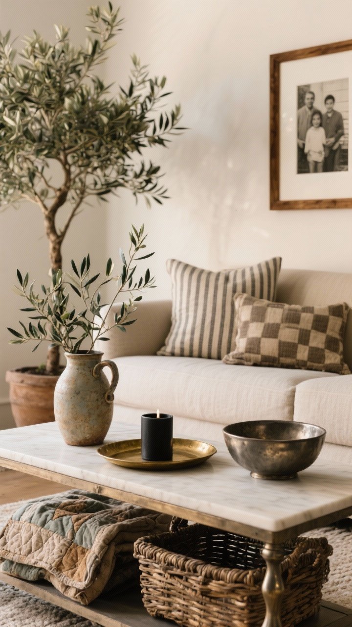Detail closeup: Finishing touches on a coffee table and nearby console—potted olive tree in the background, eucalyptus stems in a ceramic pitcher, aged brass tray with a matte black candle and pewter bowl; stripe and windowpane pillows mixed with solid textiles on the sofa; family photo in a wood frame and a folded worn quilt over a thrifted basket; consistent metal finishes for an intentional look; warm, cozy light and a shallow depth of field; side angle for intimate, lived-in character.