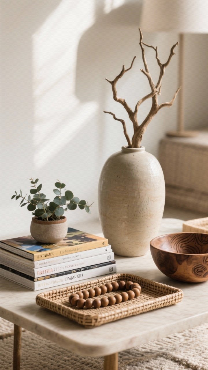 Detail closeup from a low angle of a styled coffee table: a tall ceramic vase with sculptural branches, a neat stack of art and travel books, a woven tray with wooden beads, a carved wood bowl, and a small potted eucalyptus; tactile materials highlighted with soft morning light.