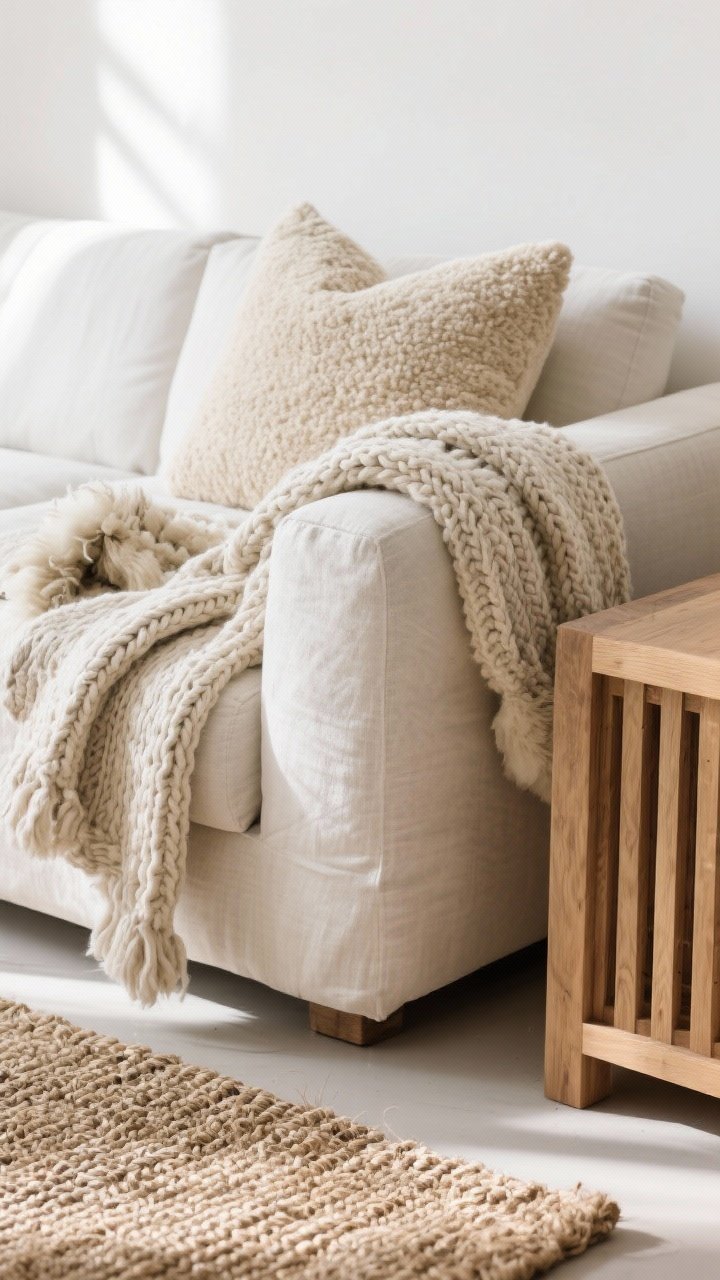Detail closeup highlighting layered textures: a linen sofa arm draped with a chunky knit wool throw, a bouclé pillow in creamy oat, and a sheepskin casually folded over the seat; adjacent edge of a slatted oak side table and the weave of a jute rug beneath; lighting raking across surfaces to emphasize nubby, plush, and smooth contrasts; restrained palette of soft whites, beiges, and natural wood.