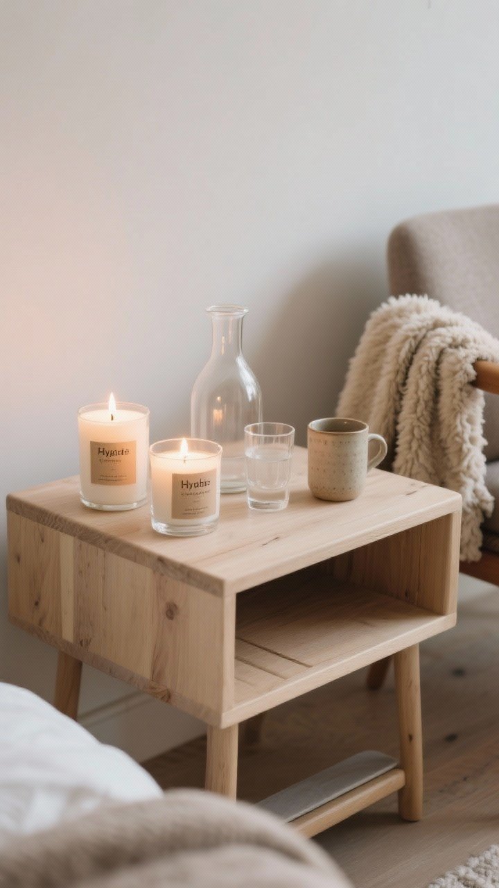 Detail closeup: Hygge accents on a light wood nightstand—two candles in natural scents (labeled cedar and linen) softly glowing, a clear glass bedside carafe with tumbler, a favorite ceramic mug, and a folded faux-sheepskin draped over a nearby chair edge; a slim bench at the bed’s foot in soft focus; intentional, cozy, not cluttered, photorealistic.