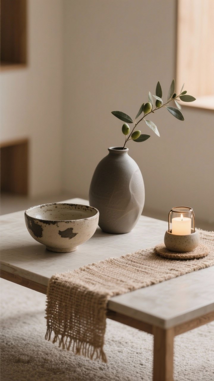 Detail closeup: Intentional Japandi styling on a coffee table—one sculptural matte ceramic vase with a single olive or eucalyptus branch; a hand-thrown ceramic bowl with slight wabi-sabi irregularity; a small table lantern or candle in a ceramic holder casting a soft glow; a natural fiber runner or linen coaster adding texture. Negative space left around objects; photorealistic textures under gentle, warm ambient lighting.