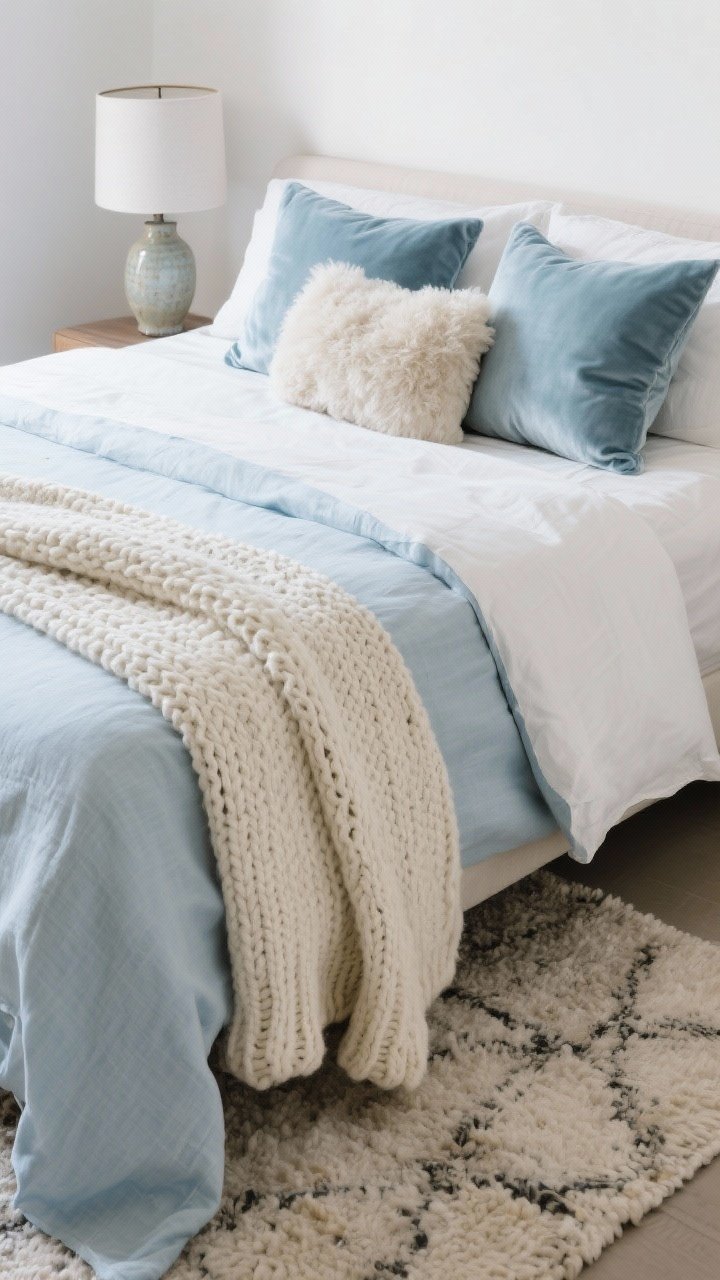Detail closeup: layered bedding textures on a bed—Belgian linen sheets in pale blue and soft white peeking out, a chunky knit throw in cream draped at the foot, velvet pillows in frosted blue alongside a shearling lumbar pillow; a wool low-pile area rug visible at the bedside; mix matte linen next to a subtle satin pillow and a small glazed ceramic lamp base for contrast; soft diffused daylight emphasizing the tactile weaves.