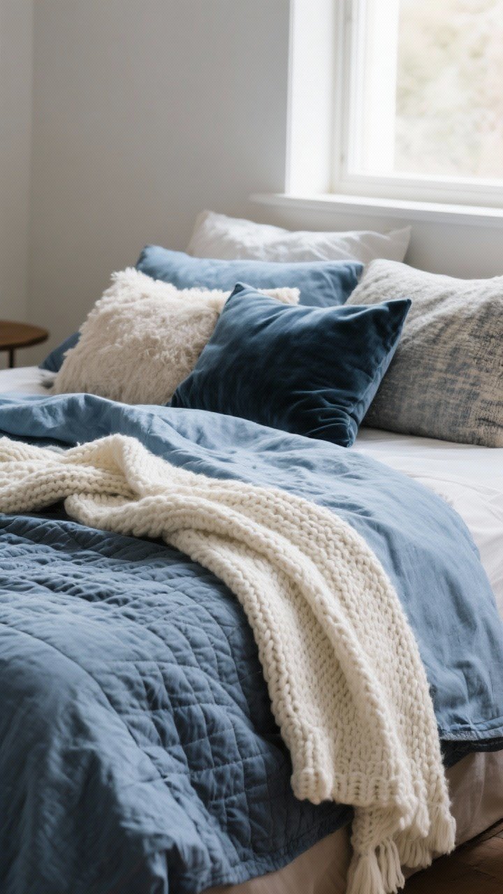 Detail/closeup: Layered bedding textures on a neatly rumpled bed in tonal blues and neutrals—muted blue linen duvet, slate/steel blue quilted coverlet folded at the foot, cream throw blanket with chunky knit draped casually, and a mix of pillows in velvet, bouclé, and washed cotton. Soft natural window light grazing the fabrics to highlight weave and pile, neutral backdrop for a hygge feel.