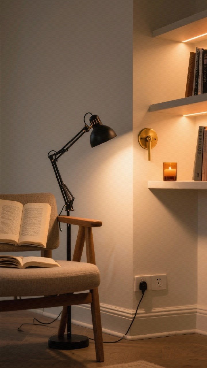 Detail/closeup: Layered lighting for a reading nook with warm 2700K–3000K glow; a black adjustable-arm floor task lamp positioned slightly behind the chair shoulder line, a dimmable brass sconce casting ambient light on a nearby shelf with a warm LED strip, and a small amber glass candle for accent; visible smart plug on the baseboard; focus on the interplay of soft, warm light pools on matte wall paint and book pages; tight composition, no people.