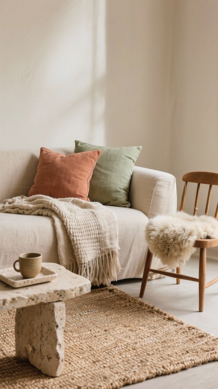 Detail closeup: Layered natural textures on a sofa corner—oatmeal linen throw, nubby cotton cushion in clay, soft sage pillow, and a small sheepskin draped over a spindle-back chair; foreground shows a flatweave jute rug and a travertine tray holding a ceramic mug; muted palette of oatmeal, clay, sage, and warm neutrals; soft side light highlighting fabric weave and fibers, photorealistic.