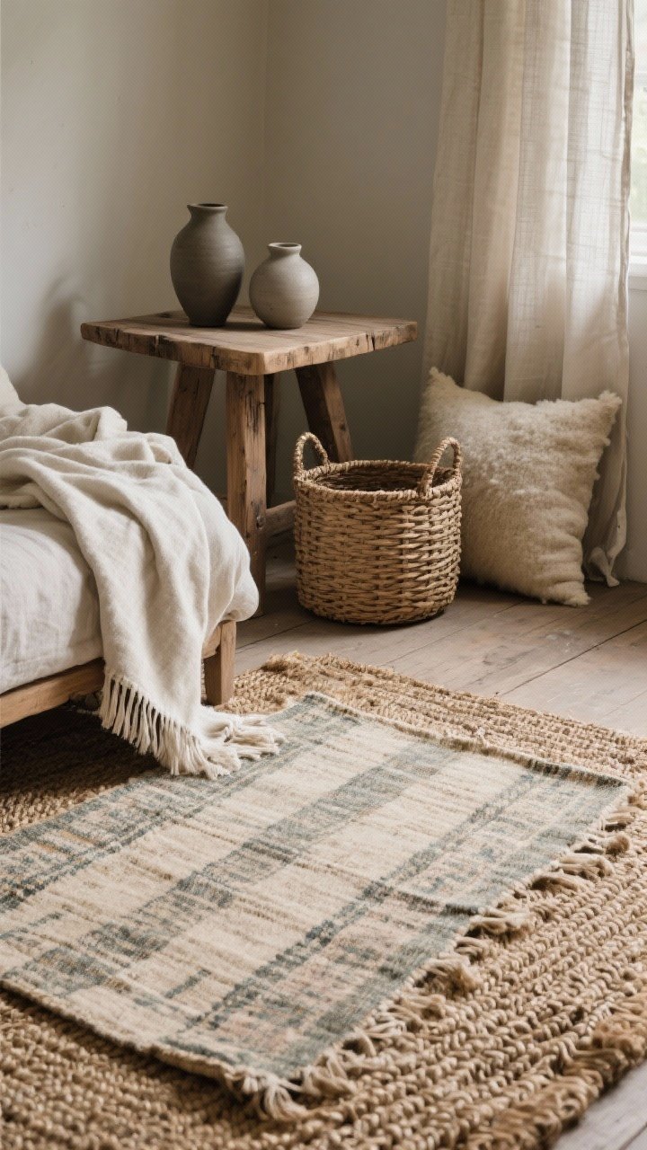 Detail closeup: Layered natural textures on the floor—chunky jute rug as the base with a softer vintage flatweave rug draped partly on top; nearby, a raw wood side table holding matte ceramic vessels and a woven basket beside it; include linen curtain edge, cotton throw, and a wool pillow corner in frame; soft side lighting to emphasize tactile surfaces, farmhouse slow-living style.