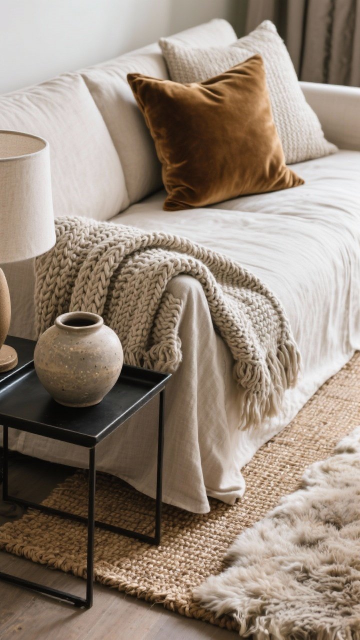 Detail closeup: Layered textures on a linen slipcovered sofa—focus on a chunky knit throw, a plush velvet cushion, and the subtle weave of the linen. In the foreground, a stoneware vase sits on a matte black metal tray beside a ceramic lamp; background hints of a jute rug topped with a plush wool rug. Soft, diffused daylight to highlight tactile contrast.